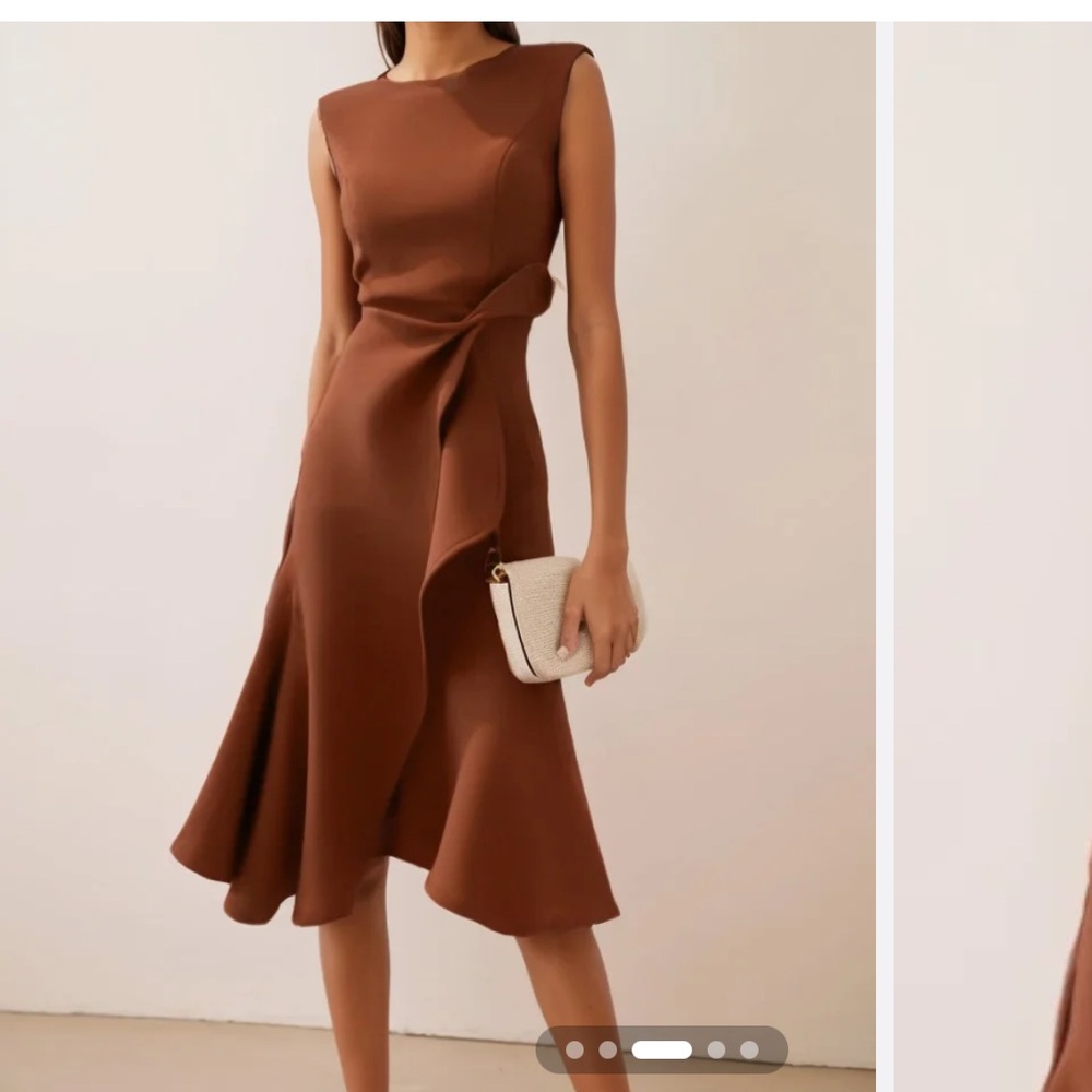 NWT Fehaute Spice Terracotta Brown Asymmetrical Sleeveless Flounce Midi Dress 10